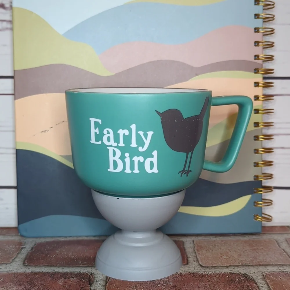 Turquoise Teal Early Bird Stoneware Wide Mouth Mug or Soup‎ Cup with Grey Bird